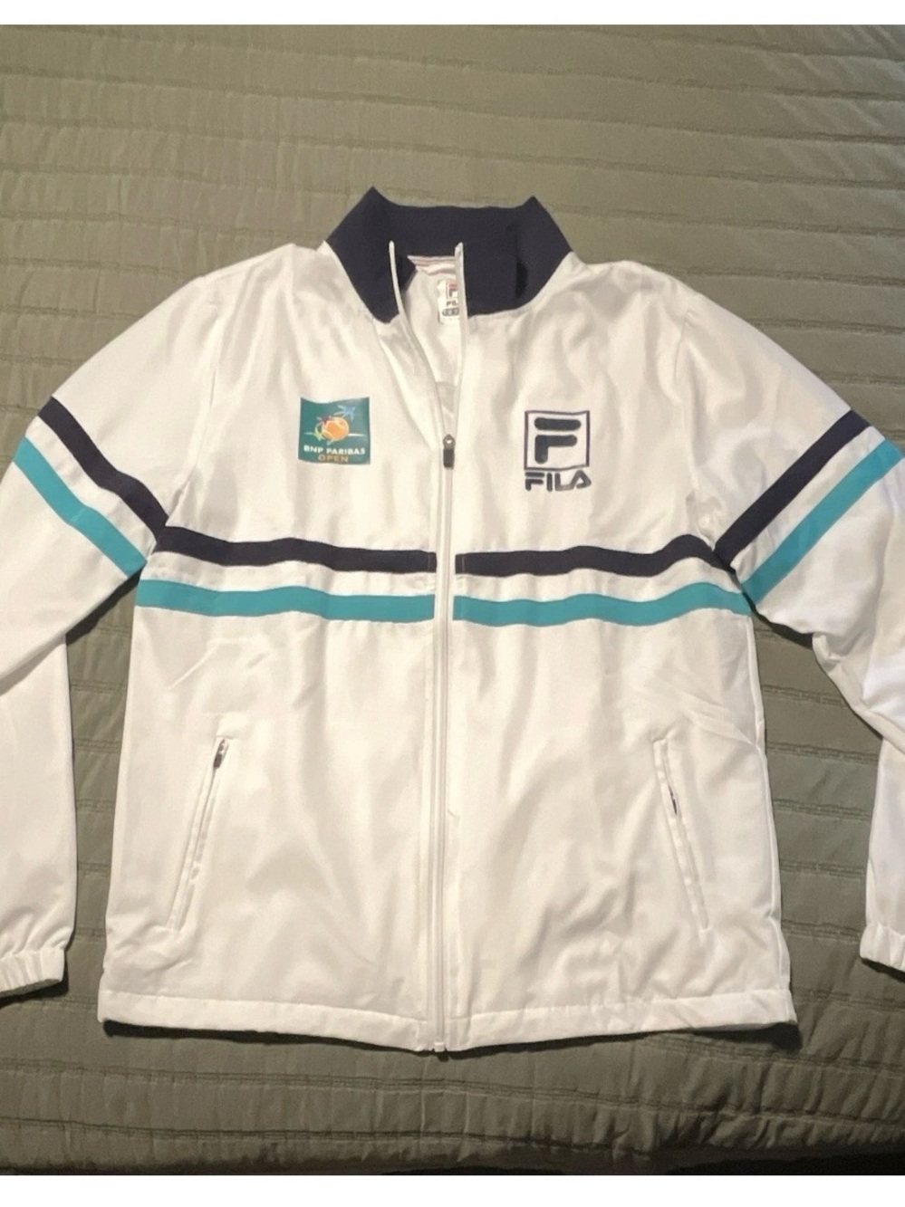 FILA/BNP Paribas Open White Tennis Jacket with Teal & Navy Stripes